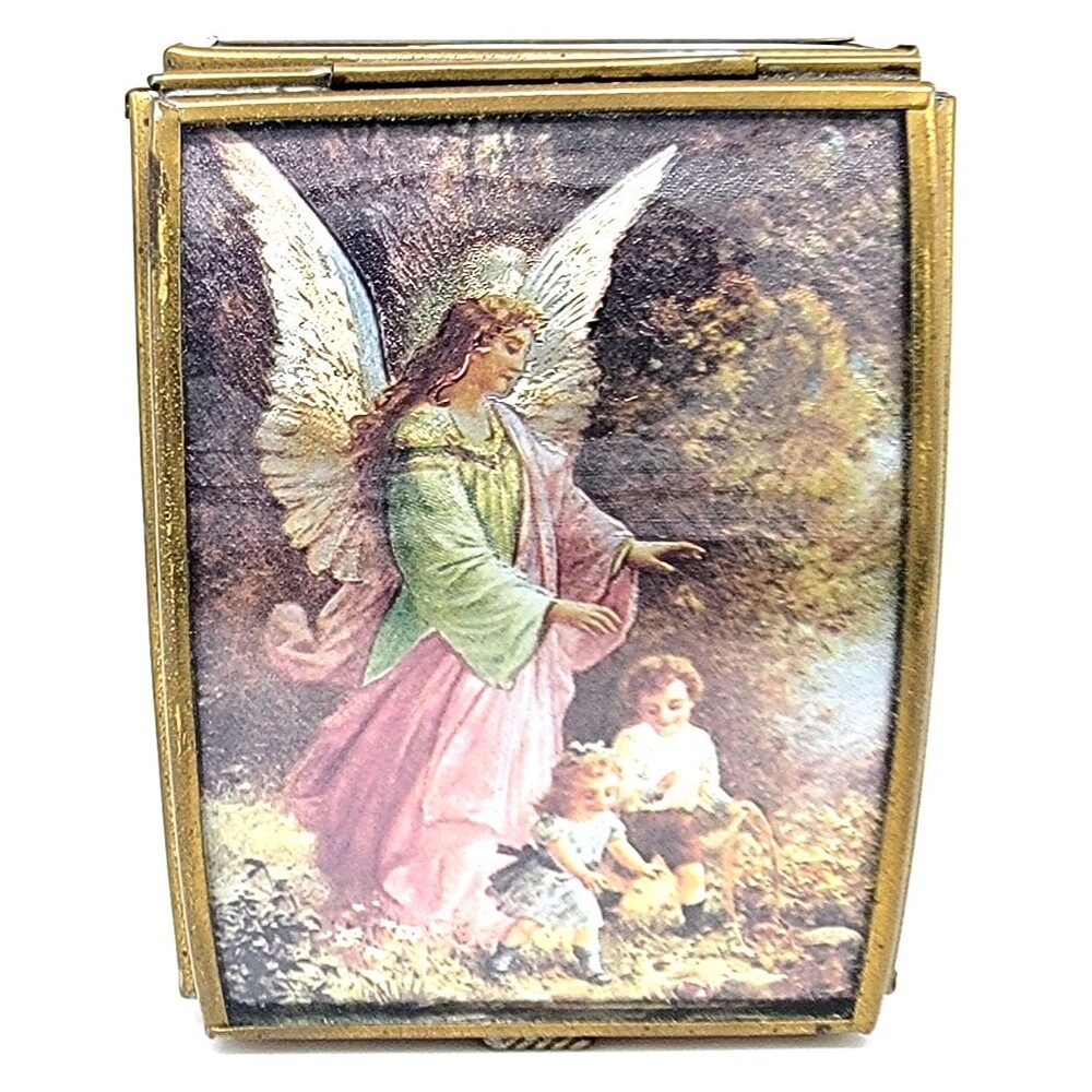Angel & Children Trinket Box Purple Glass Via Vermont Mexico Gold Tone Hinged